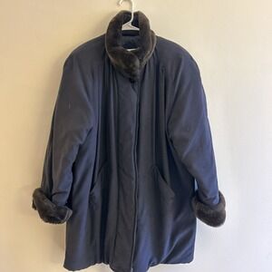 Vtg Jones New York Jacket Winter Jacket Blue Zip Faux Fur Trim Small Retro